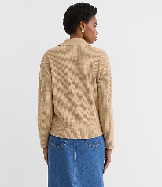 Petite Melange Waffle Collared V-Neck Top