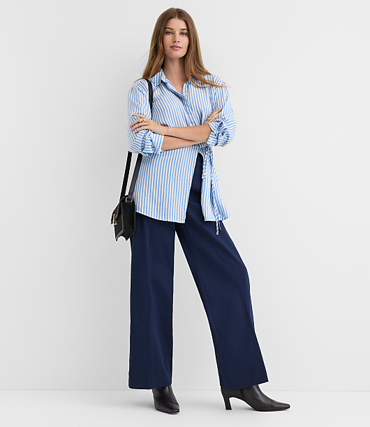 Petite Striped Asymmetrical Side Tie Tunic Shirt
