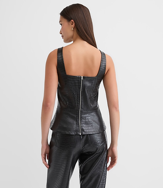 Embossed Faux Leather Peplum Bustier Top