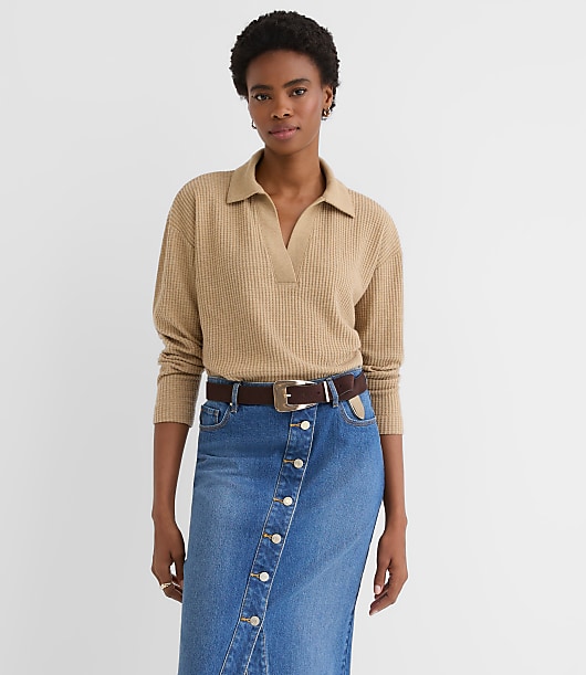 Melange Waffle Collared V-Neck Top