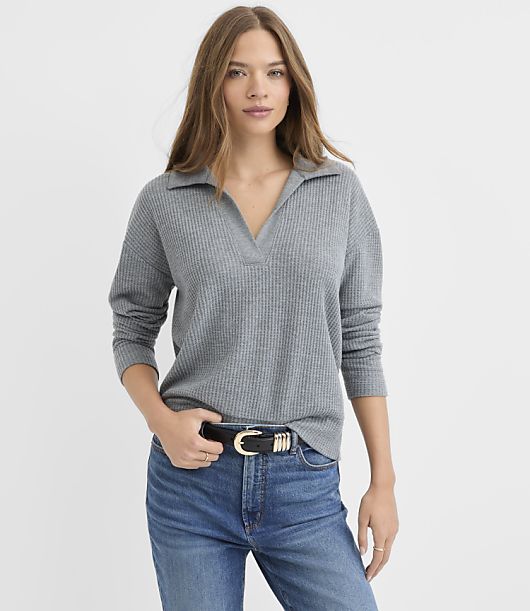 Melange Waffle Collared V-Neck Top