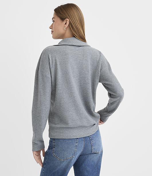 Melange Waffle Collared V-Neck Top