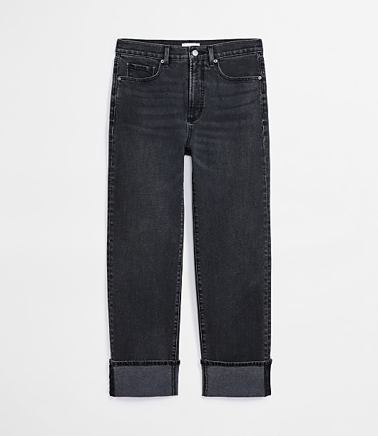 Rivete Curvy Cuffed High Rise Straight Jeans in Noir Wash