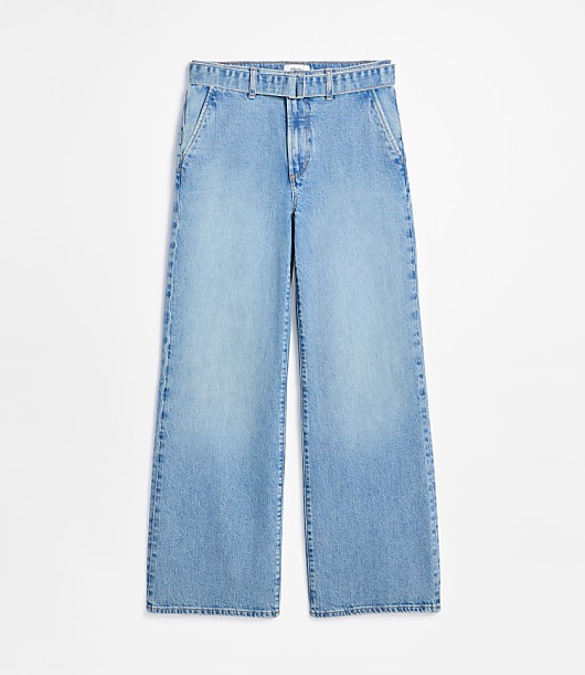 Rivete Petite Curvy Belted High Rise Wide Leg Jeans in Light Wash