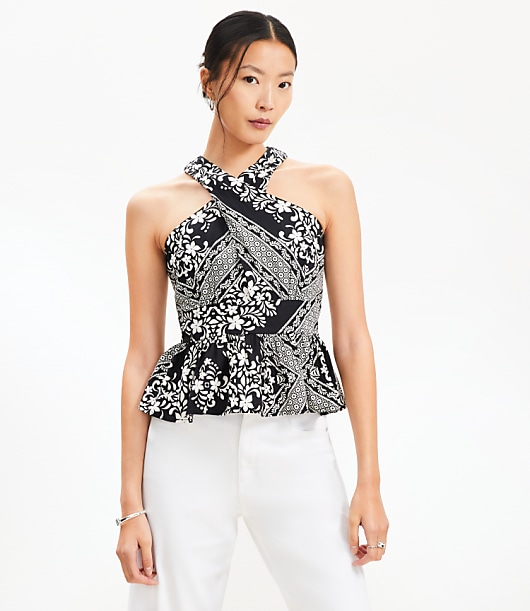 Tiled Crossover Peplum Halter Top