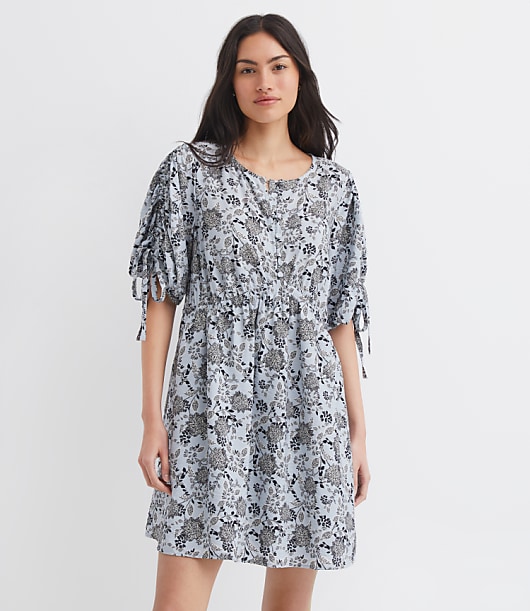 Floral Ruched Sleeve Mini Pocket Dress