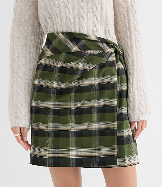 Plaid Brushed Flannel Twist Mini Skirt