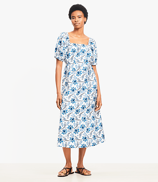 Petite Paisley Smocked Square Neck Midi Dress