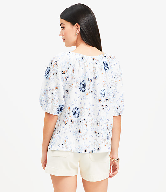 Petite Floral Tie Neck Bubble Sleeve Top
