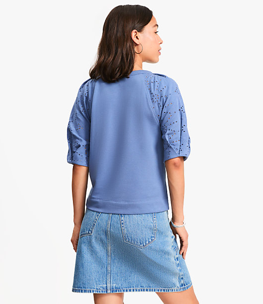 Petite Eyelet Mixed Media Short Sleeve Sweatshirt