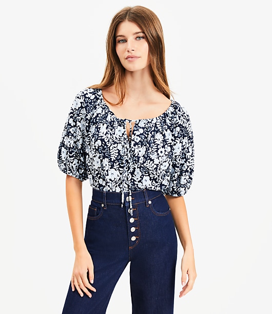 Floral Tie Neck Bubble Sleeve Top