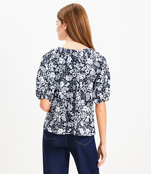 Floral Tie Neck Bubble Sleeve Top