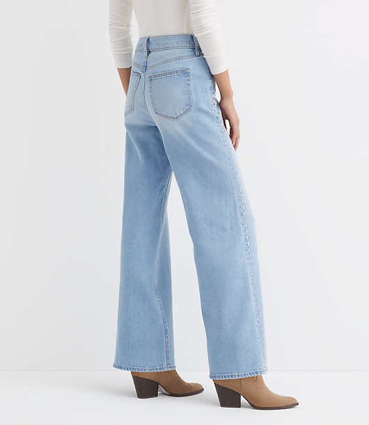 Petite Curvy Studded High Rise Wide Leg Jeans In Mid Vintage Wash