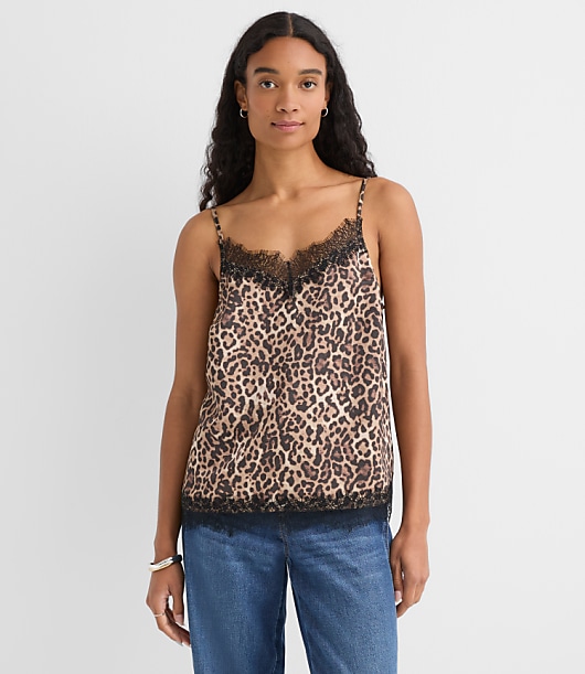 Petite Leopard Print Lace Trim Satin Cami