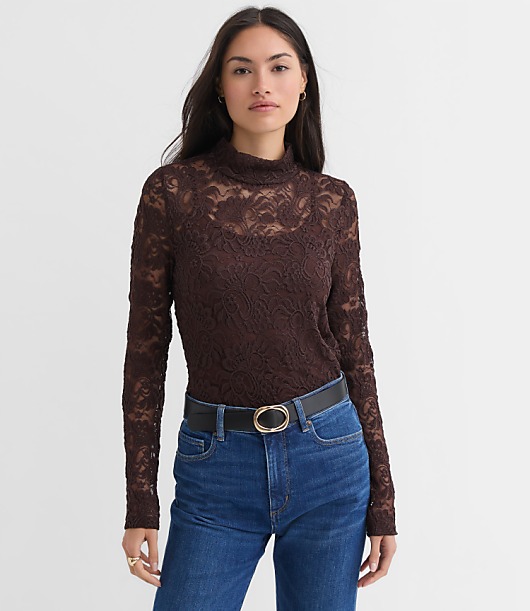 Petite Lace Long Sleeve Turtleneck Top
