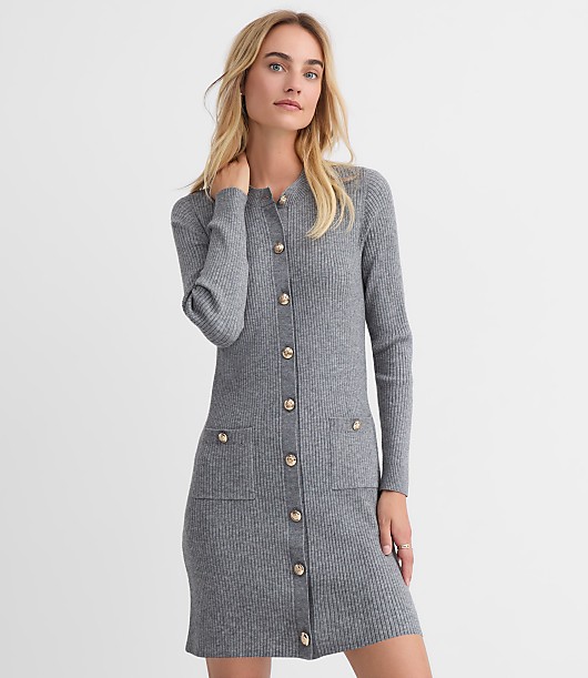 Petite Ribbed Button Pocket Mini Sweater Dress
