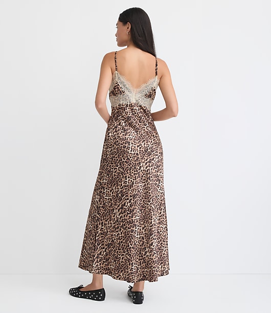 Petite Leopard Print Lace Trim Satin Midi Slip Dress
