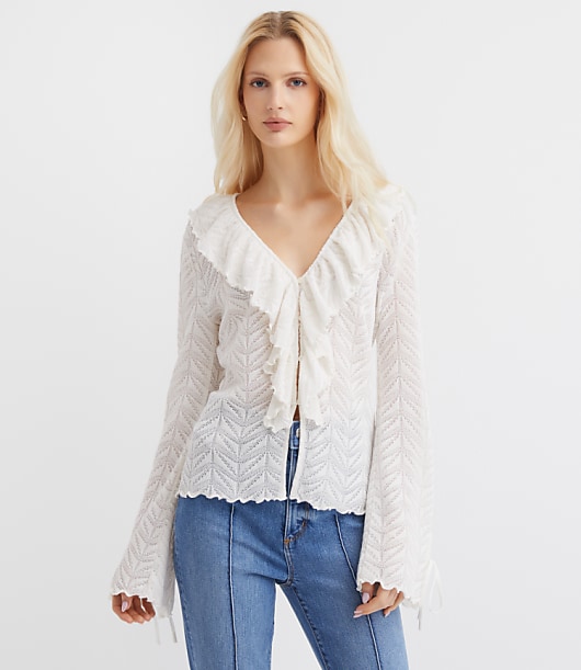 Pointelle Ruffle Tie Cuff Top - Whisper White