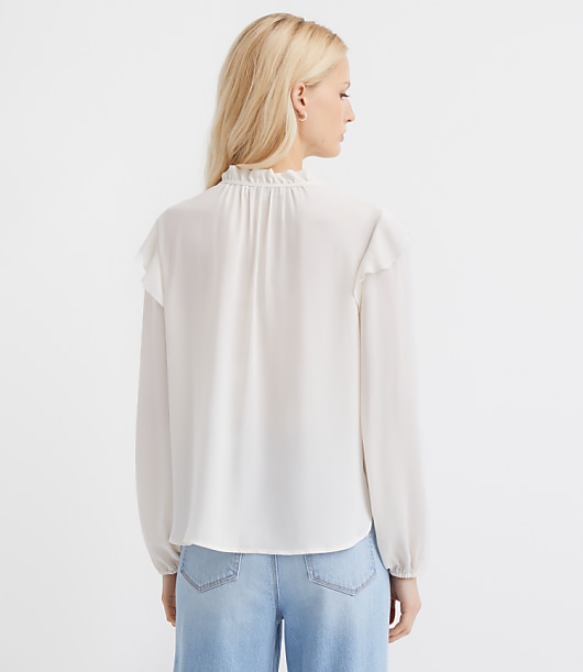 Ruffle Button Tie Neck Blouse