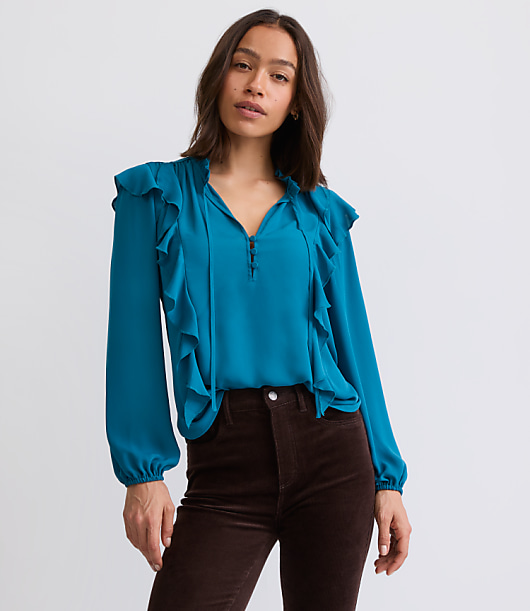 Petite Ruffle Button Tie Neck Blouse