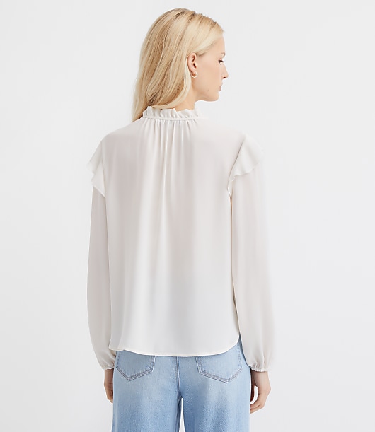 Petite Ruffle Button Tie Neck Blouse