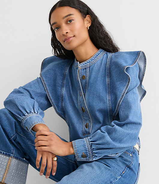 Petite Ruffle Denim Shirt in Light Wash