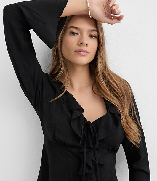 Jacquard Ruffle Tie Neck Blouse