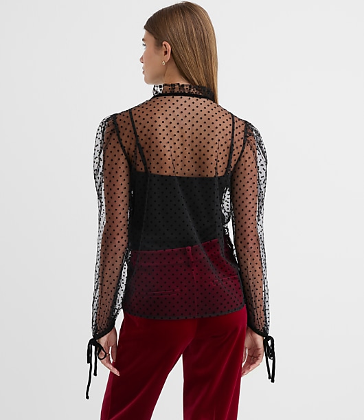 Petite Velvet Dot Tulle Bow Blouse