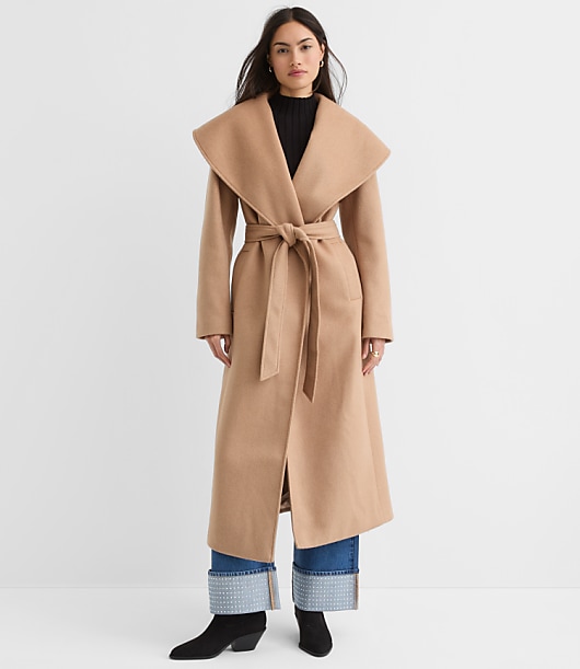 Shawl Collar Belted Coat - Desert Camel Heather