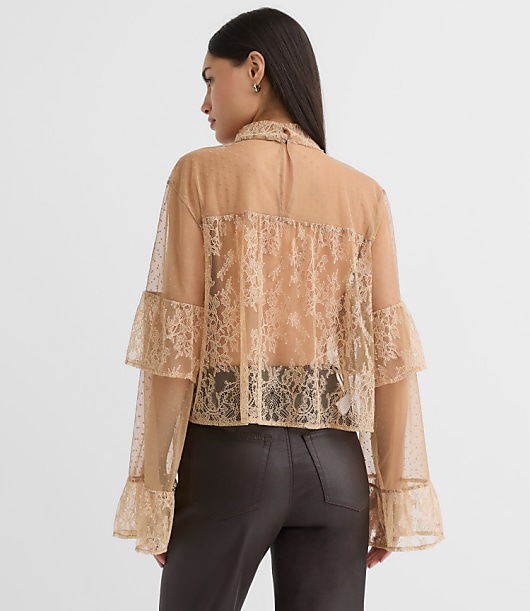Petite Velvet Dotted Chantilly Lace Ruffle Top