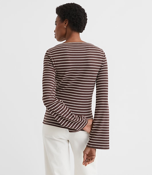 Petite Stripe Ribbed Flare Sleeve Boatneck Top