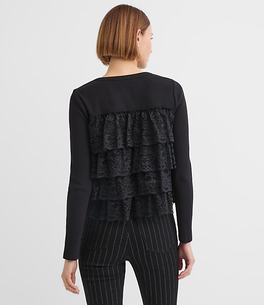 Petite Lace Ruffle Mixed Media Top
