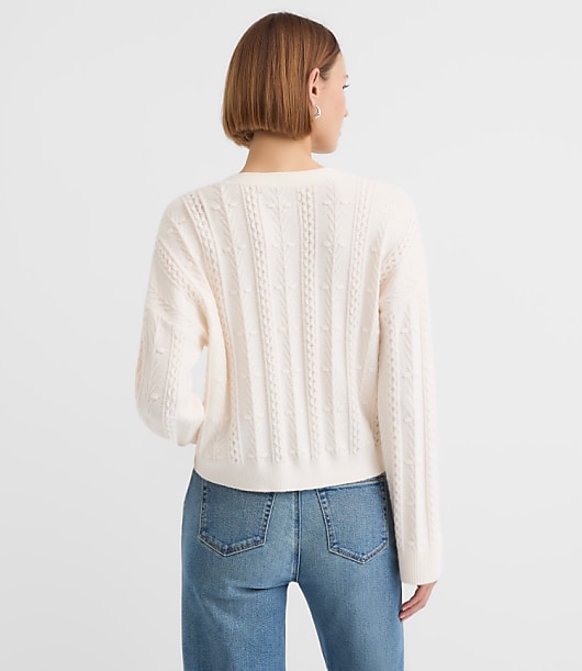 Petite Crystal Button Cable V-Neck Cardigan