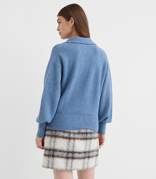 Ribbed Collared Split Neck Sweater