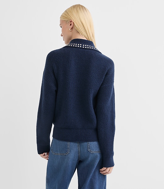 Petite Studded Ribbed Collared Split Neck Sweater