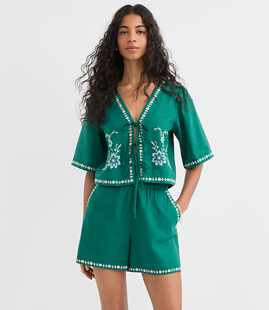 Floral Embroidered Linen Cotton Shorts