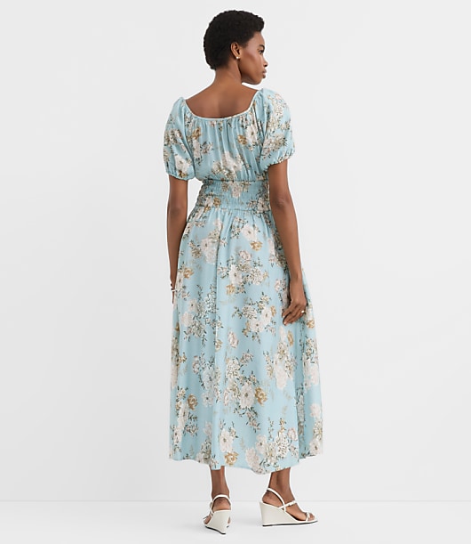 Floral Ruffle Tie Neck Smocked Midi Dress