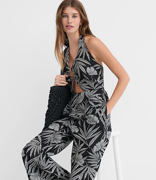 LOFT Beach Palm Ring Halter Linen Cotton Jumpsuit