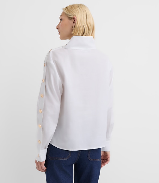 Petite Button Sleeve Mock Neck Shirt