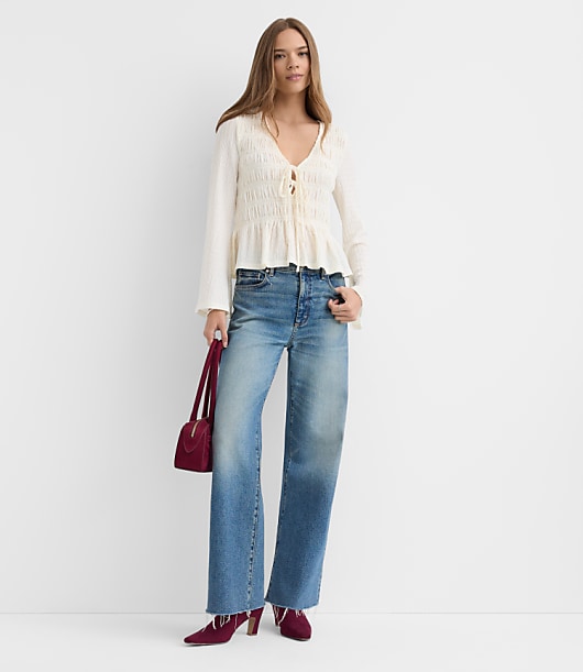 Tie Smocked Flare Sleeve Top