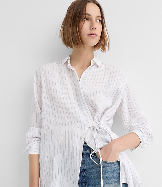 Petite Striped Asymmetrical Side Tie Tunic Shirt