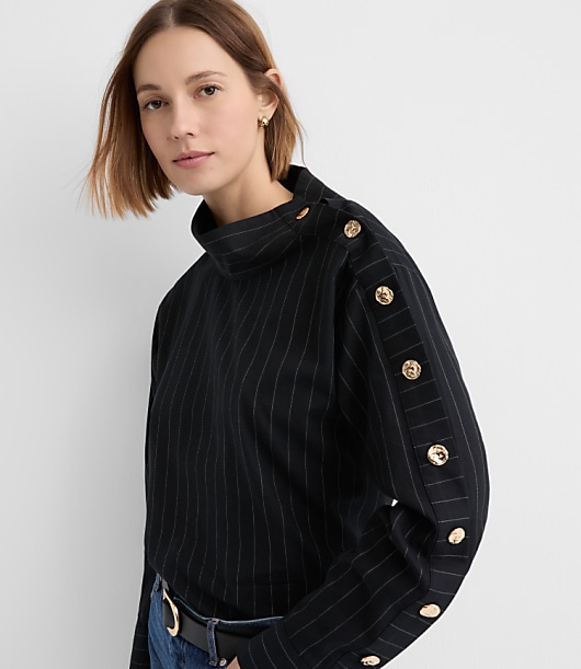 Striped Button Sleeve Mock Neck Shirt