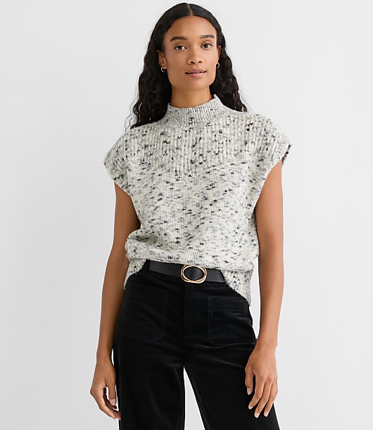 Melange Ribtrim Sleeveless Mock Neck Sweater