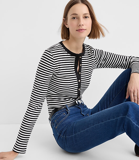 Petite Stripe Metallic Button Henley Top