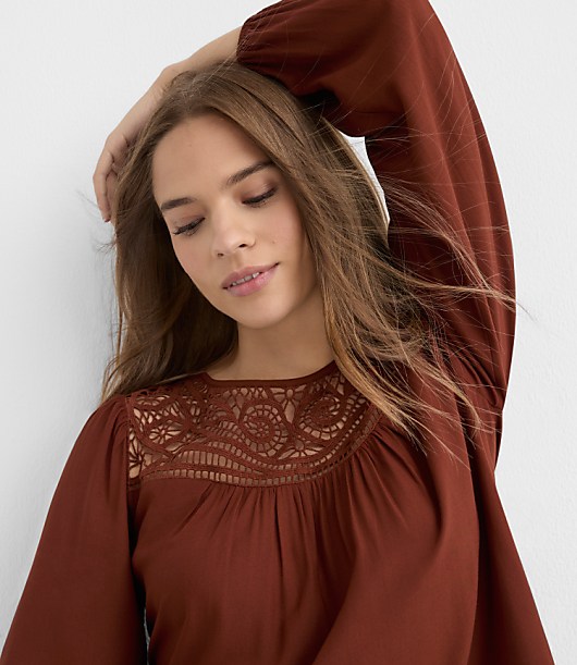 Petite Cutout Lace Yoke Blouse