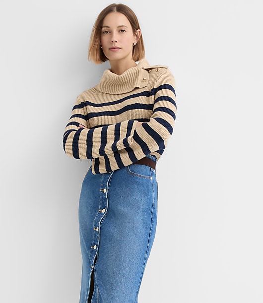Petite Stripe Button Neck Flare Sleeve Sweater