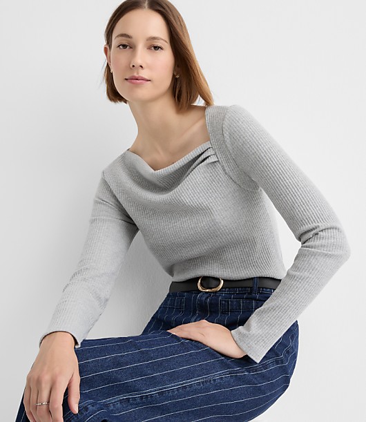 Petite Heathered Asymmetrical Neck Ribbed Top