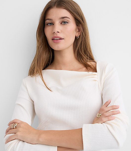 Petite Asymmetrical Neck Ribbed Top