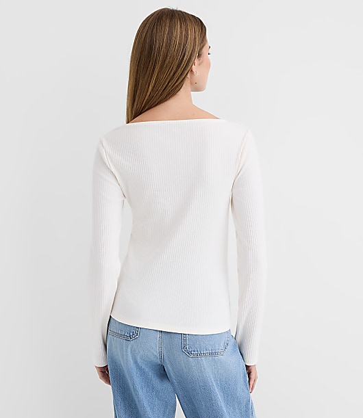 Petite Asymmetrical Neck Ribbed Top