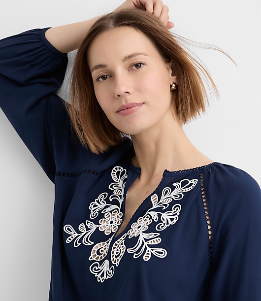 Petite Floral Cutout Embroidered V-Neck Blouse